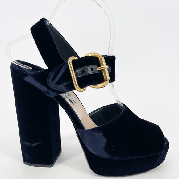 Prada Deep Navy Blue Velvet Block Heel Buckle Chunky Platform Sandal IT 38.5 - Picture 3 of 13